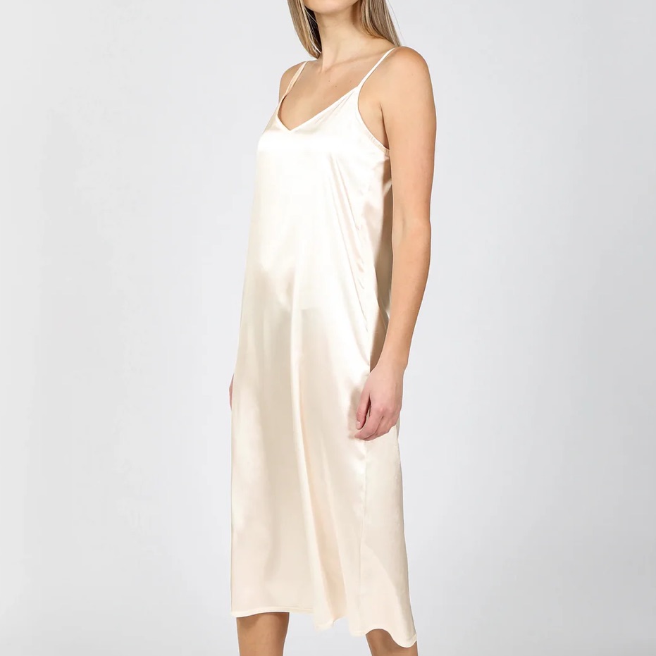 Brunette The Label Satin V-Neck Chemise Slip Dress In Ivory
